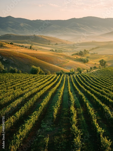 rows of vineyards stretching over gentle hills, soft golden early dawn sunlight 