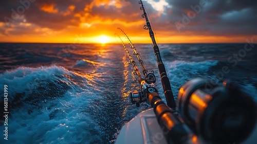 Fishing rods on a boat with a beautiful sunset over the ocean photo