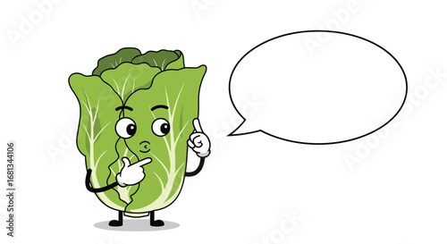 Funny thinking cartoon cabbage character with a blank speech bubble for text