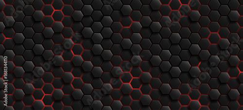 3D hexagon background with glowing red neon light. Hi-tech geometric design with black cyber honeycomb texture for technology banner or biotech presentation. Vector illustration.