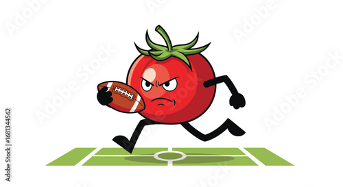 Angry cartoon tomato playing american football running with the ball on a green field