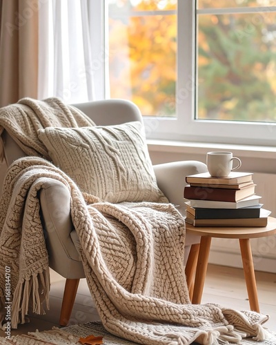 book and coffee in cozy home reading corner