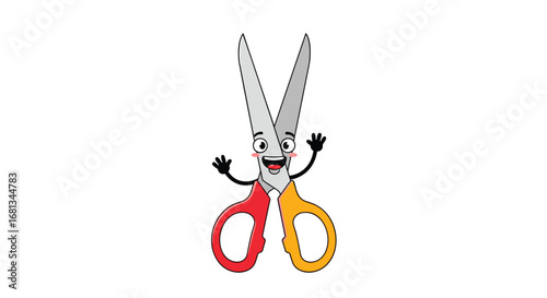 Funny cartoon scissors character waving hello with happy face and red and yellow handles