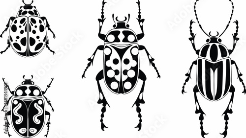 Illustration of four beetles with different patterns in black and white color scheme isolated on white created with generated ai
