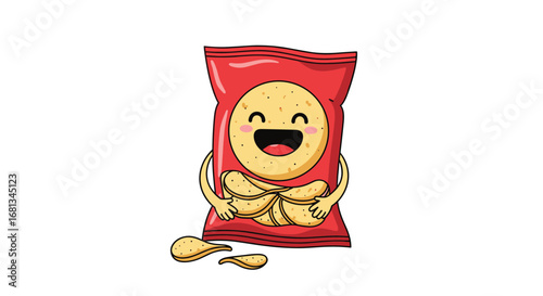 Happy potato chips bag character with many delicious crispy snacks inside