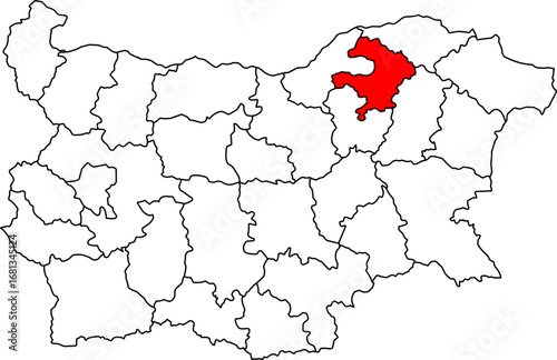 A detailed map of Bulgaria highlighting the Razgrad Province. Ideal for regional studies, business analysis, or travel-related content.


