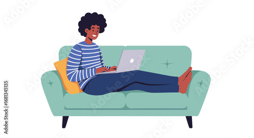 A flat vector illustration of a woman comfortably working on her laptop while lying on a green couch.