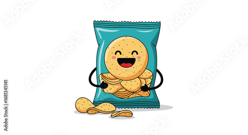 Adorable smiling chip bag character holding a pile of crispy potato chips