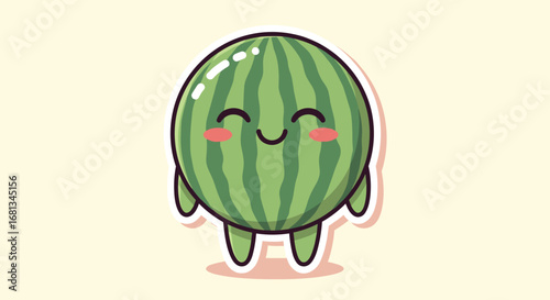A cute round watermelon character with tiny legs and blushy cheeks dancing happily