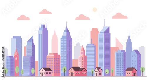 Flat pastel vector of a city skyline combining high-rise buildings and small houses, showcasing an urban-suburban blend with soft color palette and minimalist style.
