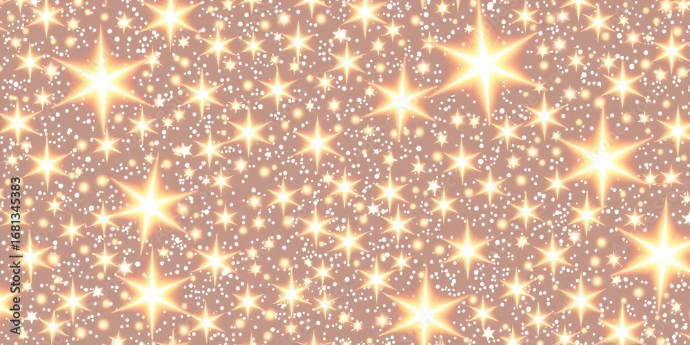 Seamless vector pattern of randomly sized, sparkling stars on white Glowing, twinkling stars with sparks; abstract texture,  sky,  magic