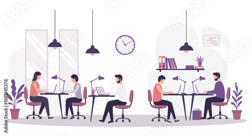A modern flat-style illustration of people working in an open-plan office with desks, laptops, hanging lights, and indoor plants, conveying teamwork and productivity.