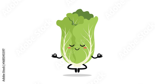 Cute happy napa cabbage character meditating calmly in a peaceful zen yoga pose