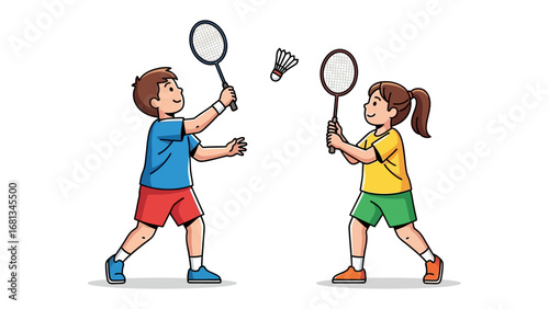 Badminton match: A vibrant illustration captures the joy of a badminton game, with two figures, one male and one female, actively engaged in a competitive rally, the shuttlecock suspended mid-air
