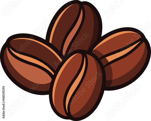 Close-up of four roasted coffee beans arranged in a cross shape isolated on white