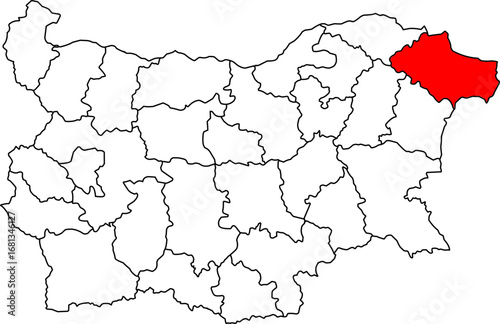 A detailed map of Bulgaria highlighting the Dobrich Province. Ideal for agricultural studies, regional tourism, or coastal-related content.

