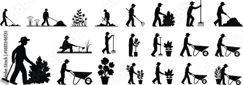 Gardening, silhouette, vector, black, people, tools, planting, watering, raking, wheelbarrow, shovel, nature, outdoor, farm, agriculture, icon, activity, graphic, illustration, garden