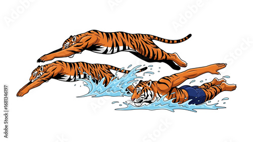 Tiger's Active Adventure: A dynamic display featuring a tiger showcasing its athletic prowess through running, splashing, and swimming, capturing agility and strength.