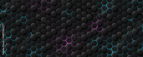 Futuristic 3D hexagon background with glowing blue and purple neon light. Geometric design with black honeycomb texture for technology banner or digital presentation. Vector illustration.