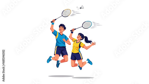 Badminton Joy: Two enthusiastic players engaged in a spirited game of badminton, captured in a vibrant illustration, highlighting the joy of sport and physical activity.