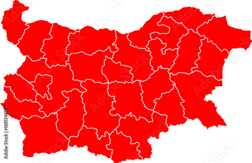 A clean, minimalist, and blank outline map of Bulgaria with all provincial borders in a vibrant red color. Perfect for bold presentations, infographics, or as a striking graphic element