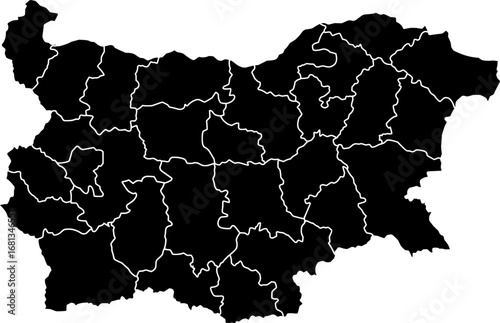 A professional and minimalist map of Bulgaria showing all provincial borders in a clean, solid black color. Ideal for sleek presentations, business reports, or geographical data visualizations.

