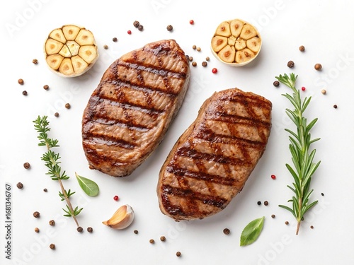 Delicious grilled steak dinner with garlic rosemary and peppercorns overhead view white background