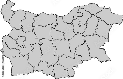 A clean, minimalist, and blank outline map of Bulgaria with all provincial borders clearly marked in a grayscale color. Ideal for data visualization, presentations, or educational materials.

