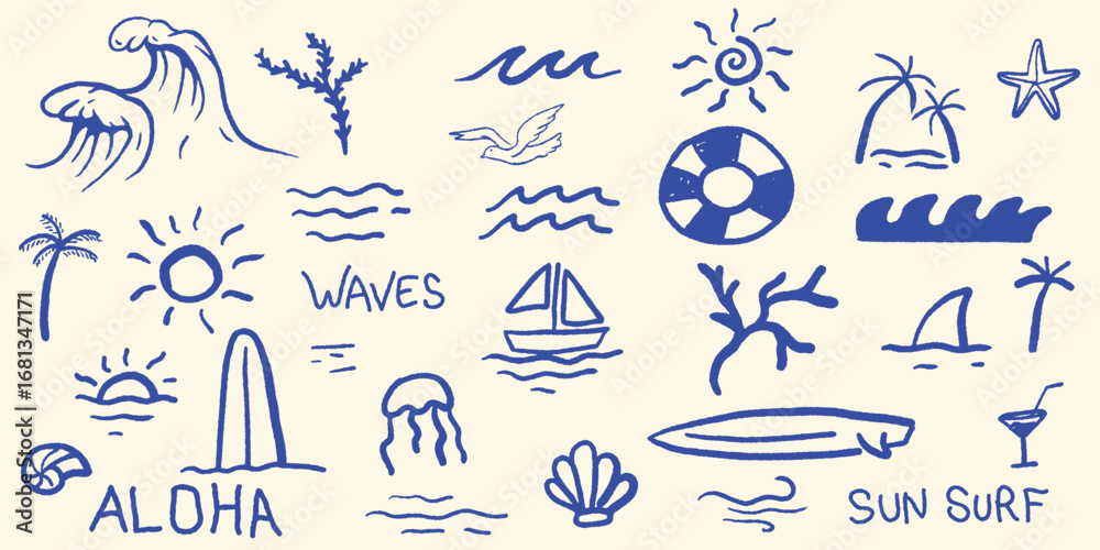 Fototapeta premium Hand-drawn doodle beach and surf icon vector set with tropical elements for summer designs, t-shirts, posters, and beachwear.