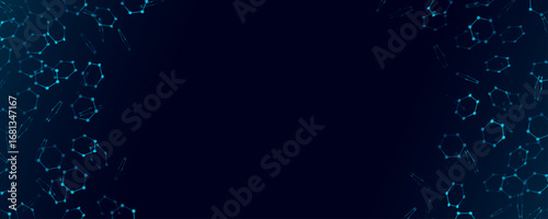 Molecular hexagons with glow effect for scientific research presentation. Abstract flying hexagonal blue shapes connected by dots for medical background or biotech design. Vector illustration.