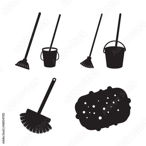 silhouette  mop and bucket, sponge with bubbles,  scrub-brush set bundle on the white background 