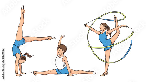Gymnast's Grace: A collection of gymnasts performing various feats of flexibility and precision, rendered in a vibrant, dynamic illustration that captures the beauty and skill of rhythmic gymnastics.
