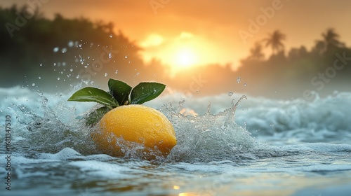 Fresh lemon splashing in ocean waves at sunrise
