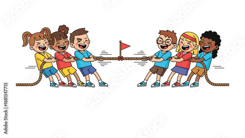 Tug-of-War Showdown: A vibrant illustration captures the spirit of teamwork as two groups of children engage in a thrilling tug-of-war competition, highlighting friendship and healthy competition.