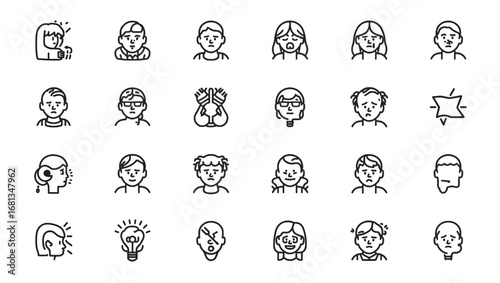 "Mental Health Line Icons Set – Depression, Anxiety, Stress, Therapy, Disorders"
