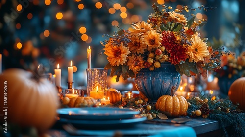 Autumnal table setting featuring pumpkins flowers candles and festive decorations photo