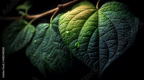 A single heart-shaped green leaf, resembling a Bodhi leaf, emerging alone from pure darkness. Minimalist style with wide negative space, with tiny water droplets scattered mainly on the upper half.
