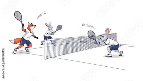 Tennis Match: A dynamic illustration showcasing three playful animals competing in a lively tennis match, full of energy and competitive spirit.