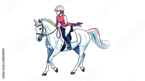 Equestrian Beauty: Graceful rider, mounted on a pristine horse, glides effortlessly in a vibrant display of skill, embodying equestrian elegance and the seamless bond between horse and rider.