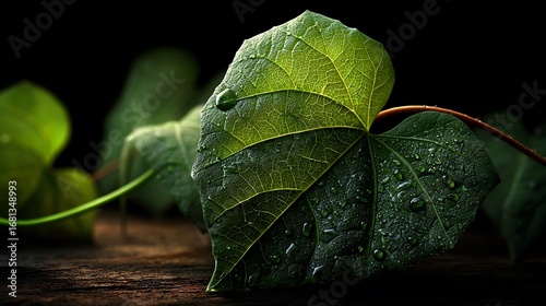 A single heart-shaped green leaf, resembling a Bodhi leaf, emerging alone from pure darkness. Minimalist style with wide negative space, with tiny water droplets scattered mainly on the upper half.