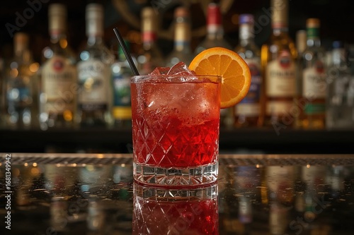 Crimson drink showcased on a reflective surface in a lounge