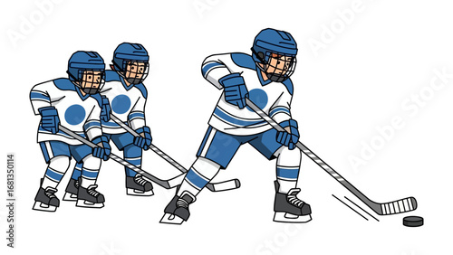 Hockey Team in Action: A group of determined hockey players, clad in vibrant team colors, demonstrate teamwork and skill as they engage in a fast-paced game, with the focus on precision, speed.