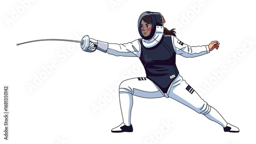 Fencer in Action: A poised fencer, garbed in pristine whites, holds her foil at the ready, focused in a poised stance, embodies grace, power, and precision