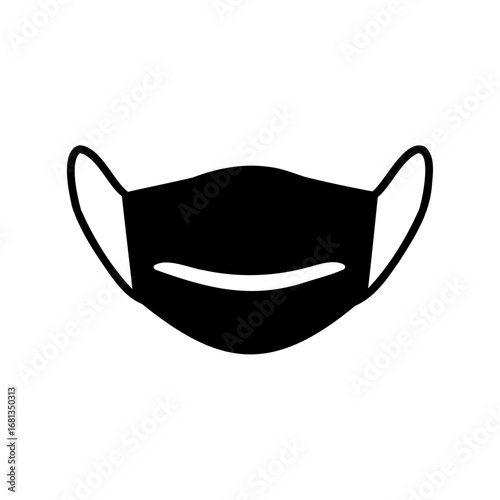 Protective Face Mask with Smile Icon Black Silhouette - Black silhouette icon of a protective face mask with ear loops and a smiling design, representing safety, health, positivity, and well-being.