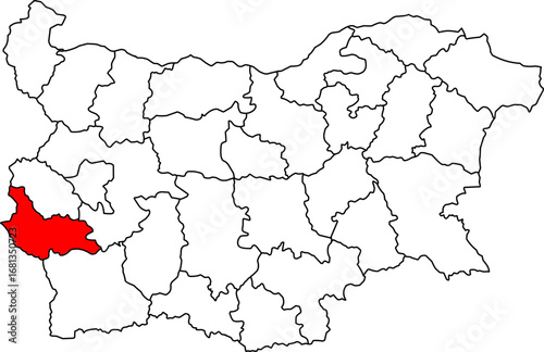 A detailed map of Bulgaria highlighting the Kyustendil Province. Ideal for geographical studies, business analysis, or content related to its borders with Serbia and North Macedonia.


