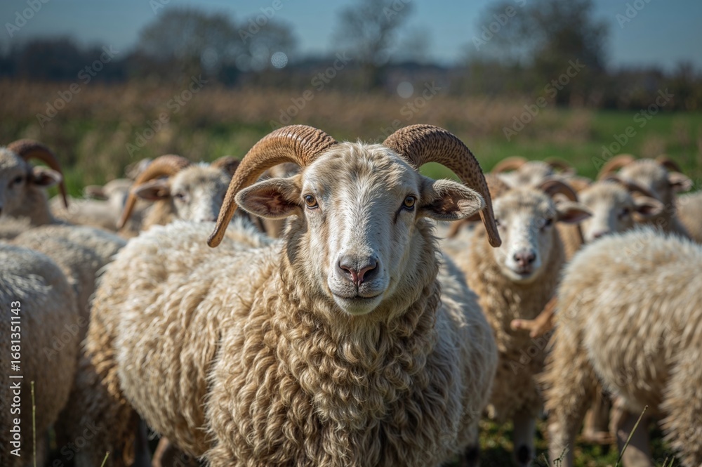 Fototapeta premium Close-up of a horned sheep standing in a sunlit flock with a soft-focused backdrop and room for text