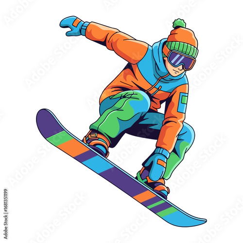 Snowboarder Airborne: A dynamic illustration of a snowboarder mid-air, executing a stylish jump with vivid colors and a sense of movement.