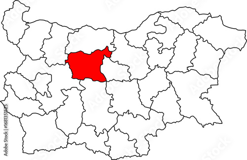 A detailed map of Bulgaria highlighting the Lovech Province. Ideal for regional studies, tourism, or historical projects related to the country's central region.

