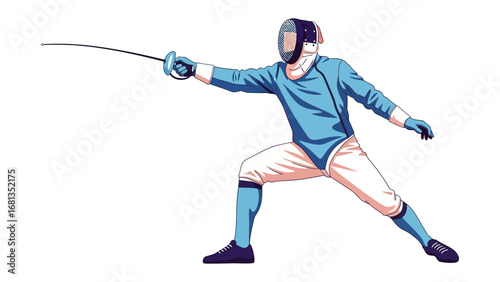 Dynamic Fencing Duel: A focused fencer executes a poised lunge, blade extended in a moment of calculated elegance, poised against an ethereal backdrop.