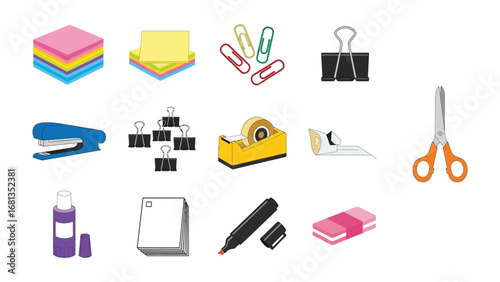 Office Supply Essentials: A collection of essential office supplies, meticulously arranged to showcase a diverse range of tools vital for daily office tasks.